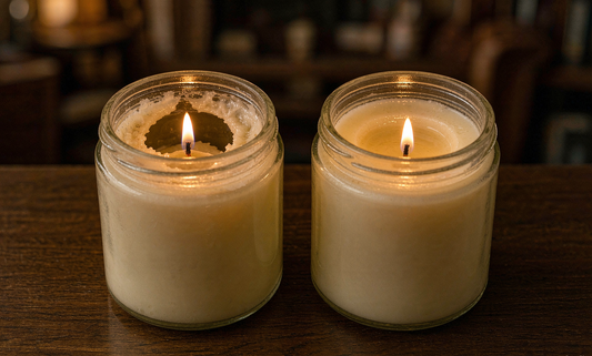 Candle tunneling vs an even burn compared side by side in two glass jars
