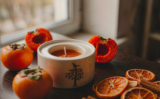 Persimmon candle beside fresh persimmons, dried orange and cinnamon sticks