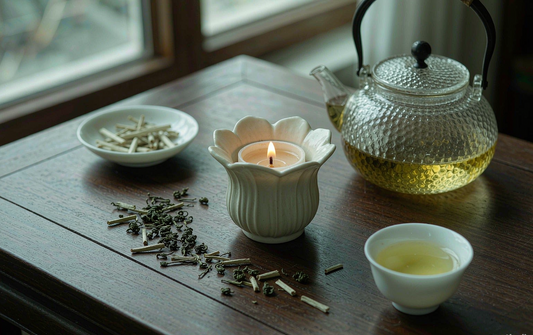 White tea candle lit beside a teapot and a cup of white tea
