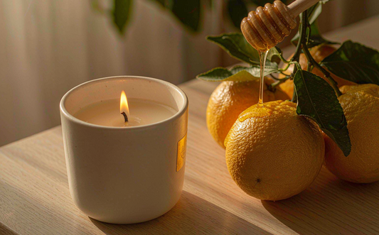 Start of Autumn yuzu candle in a matte white ceramic cup with fresh yuzu fruit and honey on a sunlit wooden table