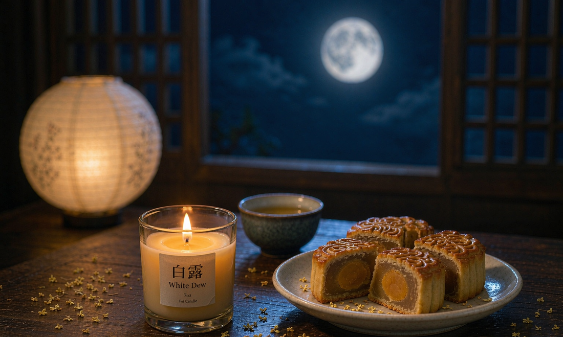 White Dew osmanthus candle lit on a moonlit Mid-Autumn table with mooncakes and osmanthus flowers